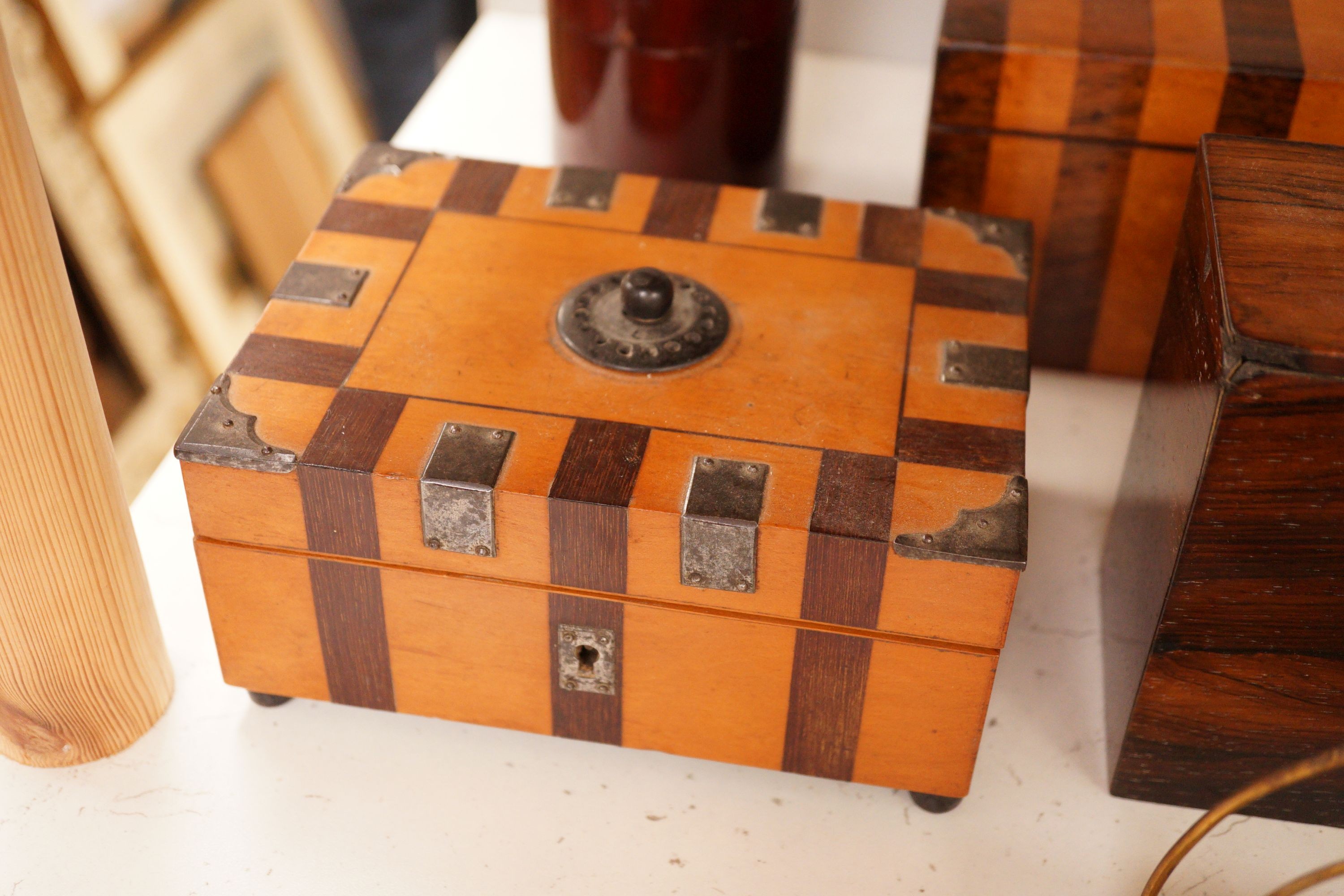 A group of 19th century boxes, a mounted Paper clip, etc.